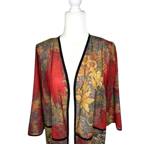 Soft Surroundings Kimono Cardigan Red Patchwork Black Trim Womens Petite Large - Picture 2 of 7